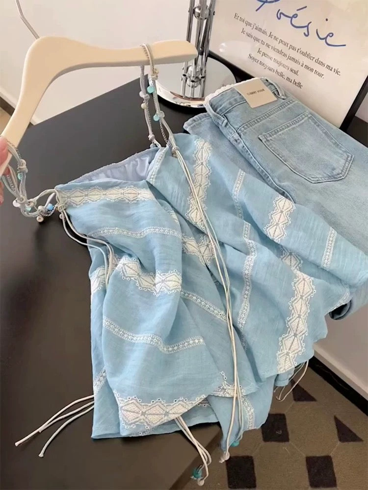 Bohemian irregular striped camisole vest for women summer design heavy lace stitching beautiful top trend