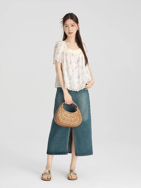 Love Rose large size French purple floral shirt 2024 new style women's summer fat mm high-end short-sleeved square collar top