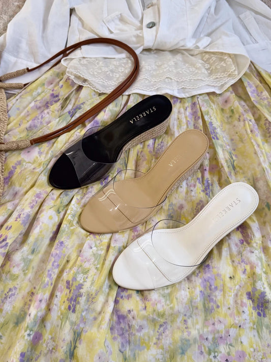 Women's Wedge Slide Sandals (2026 Summer New Arrival): Platform Style with Jute-Wrapped Thick Sole, Transparent Open-Toe Design, and High-Heeled Single-Strap Construction—Suitable for Outdoor Wear.