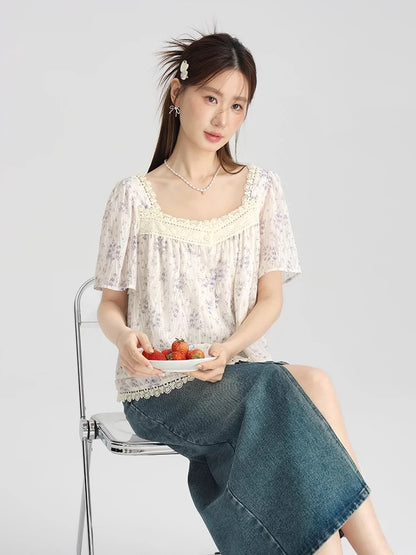 Love Rose large size French purple floral shirt 2024 new style women's summer fat mm high-end short-sleeved square collar top
