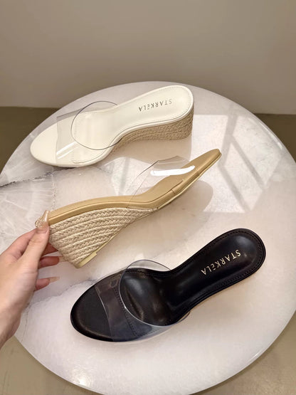Women's Wedge Slide Sandals (2026 Summer New Arrival): Platform Style with Jute-Wrapped Thick Sole, Transparent Open-Toe Design, and High-Heeled Single-Strap Construction—Suitable for Outdoor Wear.