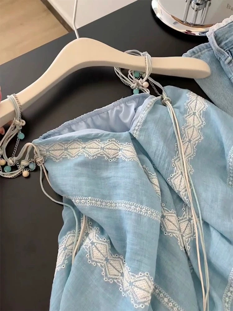 Bohemian irregular striped camisole vest for women summer design heavy lace stitching beautiful top trend