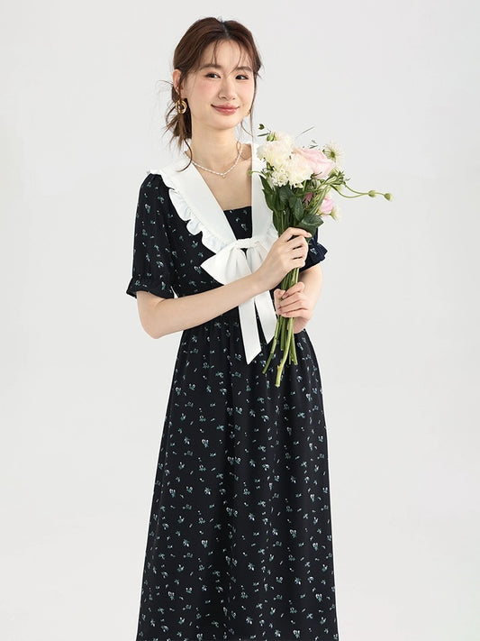 Love Rose French Floral Skirt Large Size Fat mm Tea Break Style Retro Bow Dress 2024 New Women's Summer