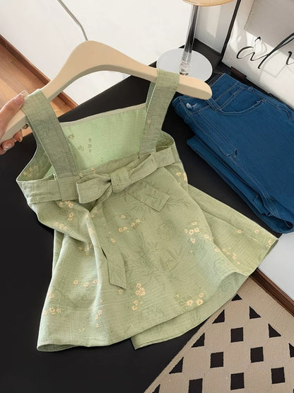 Beautiful French floral bow backless camisole for women in summer green white temperament jacquard square collar top