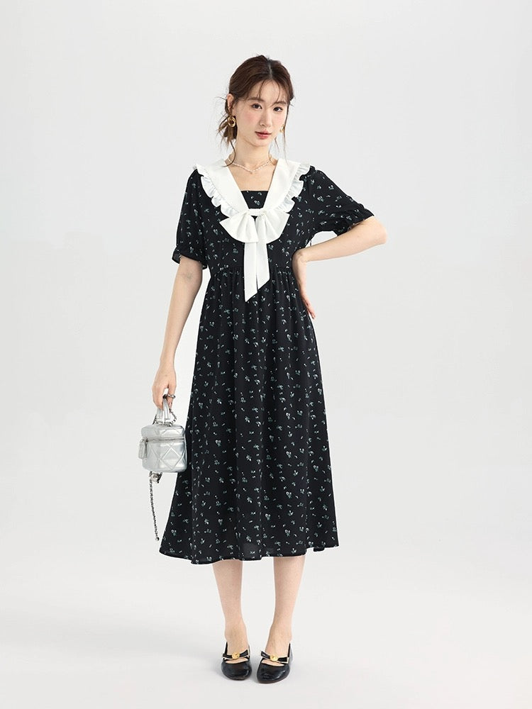 Love Rose French Floral Skirt Large Size Fat mm Tea Break Style Retro Bow Dress 2024 New Women's Summer