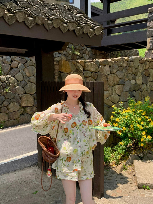 Wang Hanyan, Summer Nice 100 Ramie Print Relaxed and Lazy Style Women's Summer Top and Shorts Two-Piece Set