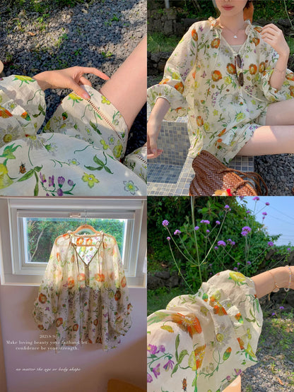 Wang Hanyan, Summer Nice 100 Ramie Print Relaxed and Lazy Style Women's Summer Top and Shorts Two-Piece Set