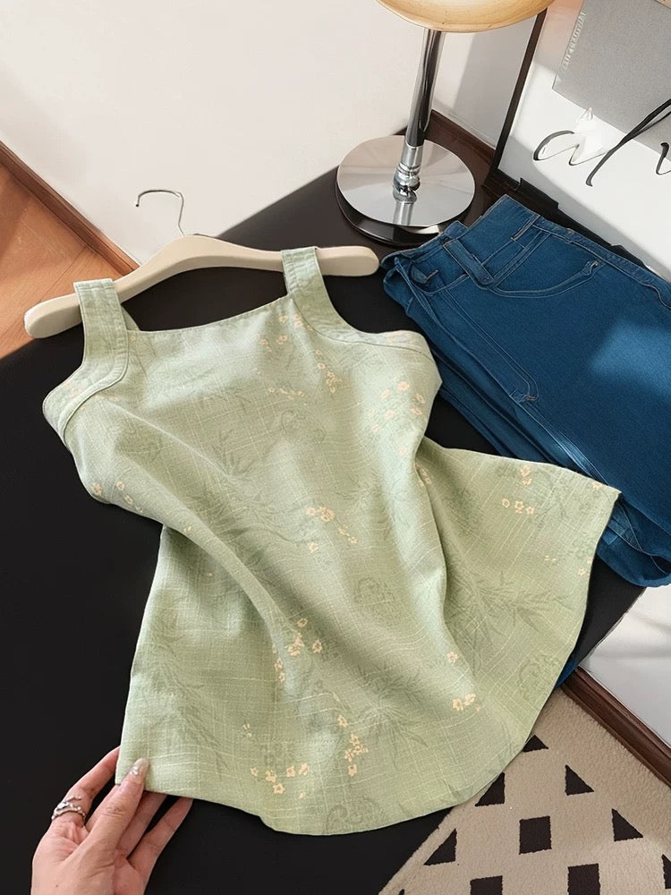 Beautiful French floral bow backless camisole for women in summer green white temperament jacquard square collar top