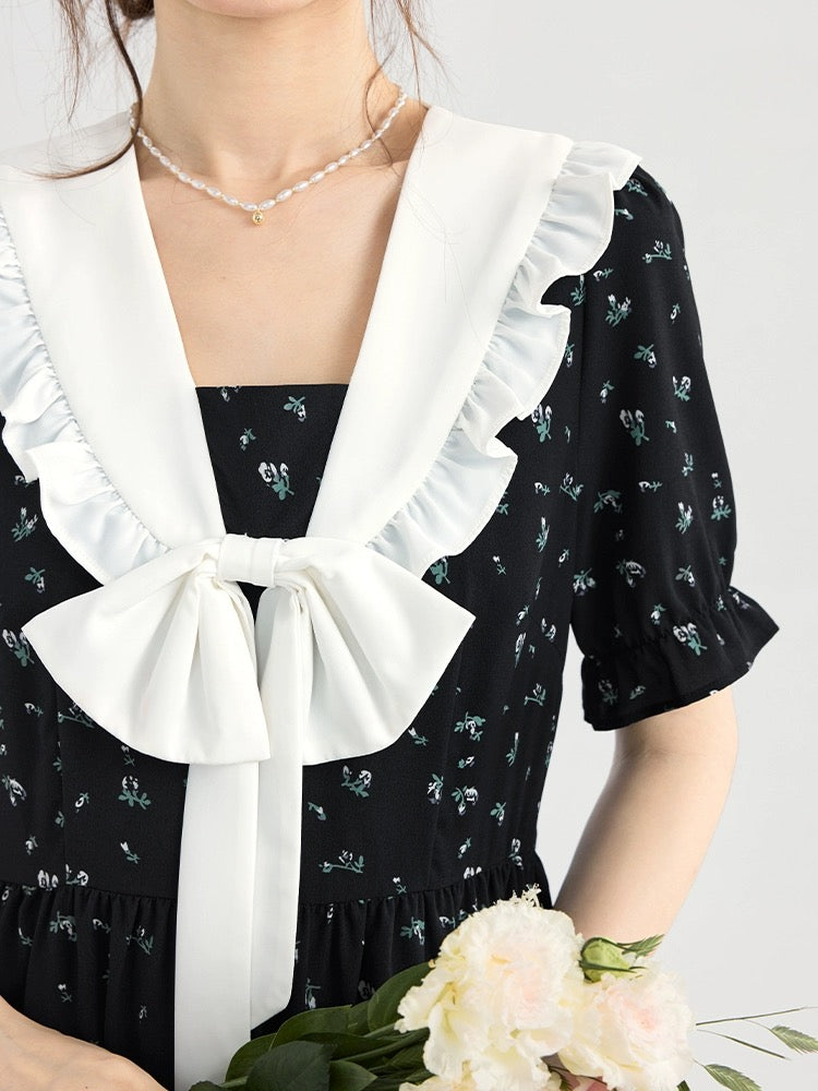 Love Rose French Floral Skirt Large Size Fat mm Tea Break Style Retro Bow Dress 2024 New Women's Summer