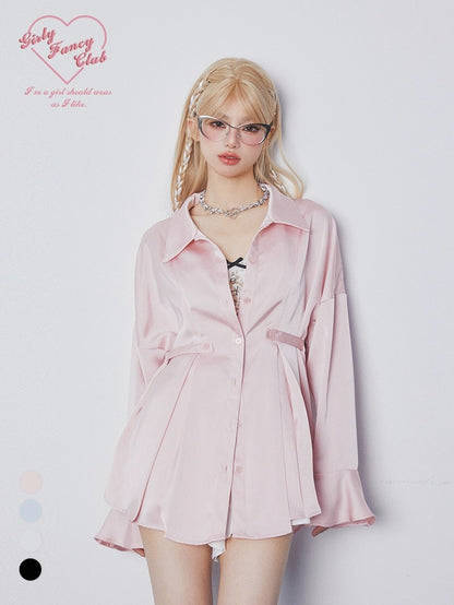 GirlyFancyClub Casual Lazy Style Outerwear Acetate Satin Drape Loose Bell Sleeve Top Shirt Women