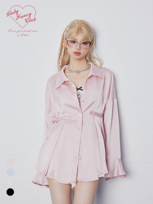 GirlyFancyClub Casual Lazy Style Outerwear Acetate Satin Drape Loose Bell Sleeve Top Shirt Women