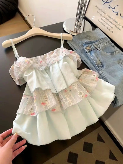 Sweet forest style fresh girl lace splicing suspenders female summer new hollow embroidery shirt beautiful top