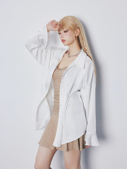GirlyFancyClub Casual Lazy Style Outerwear Acetate Satin Drape Loose Bell Sleeve Top Shirt Women