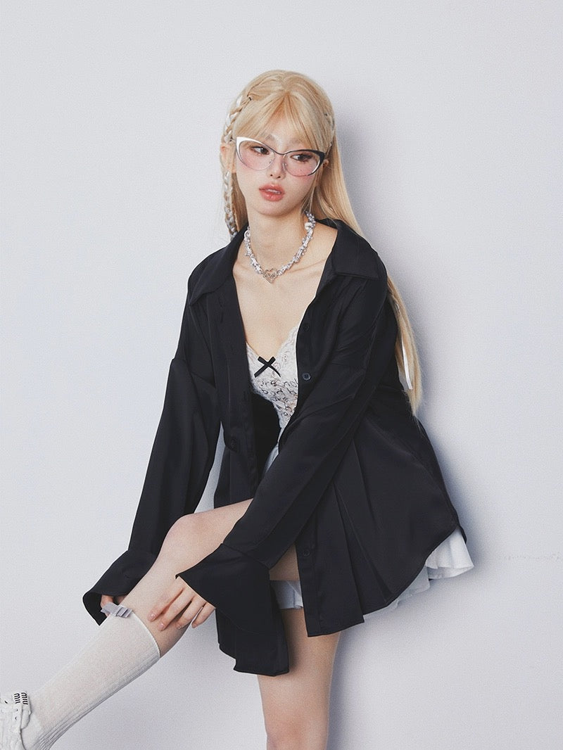 GirlyFancyClub Casual Lazy Style Outerwear Acetate Satin Drape Loose Bell Sleeve Top Shirt Women