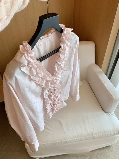 Cotton double-layered wood ear edge v-neck pink shirt for women 2025 new heavy-duty temperament French shirt top