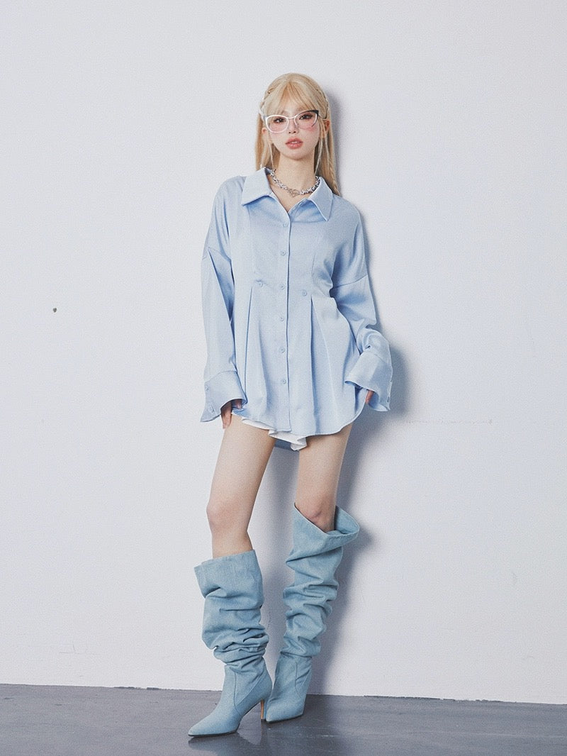 GirlyFancyClub Casual Lazy Style Outerwear Acetate Satin Drape Loose Bell Sleeve Top Shirt Women