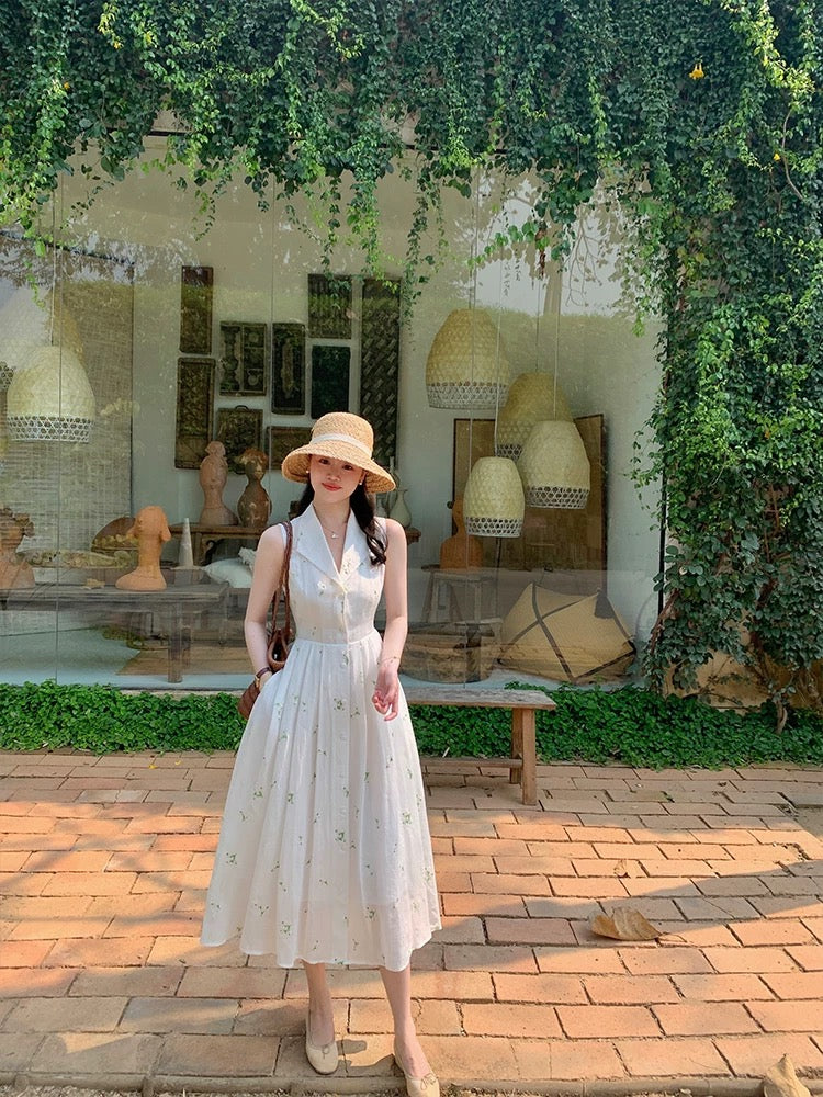 Wang Hanyan, Breeze Jasmine, 100% Ramie French Retro Style White Moonlight Collared Sleeveless Shirt Dress