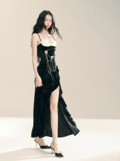 Shaoyeyan Lady Bird high-end sister-style dress women's autumn and winter one-shoulder slit dress long skirt