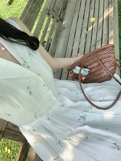 Wang Hanyan, Breeze Jasmine, 100% Ramie French Retro Style White Moonlight Collared Sleeveless Shirt Dress