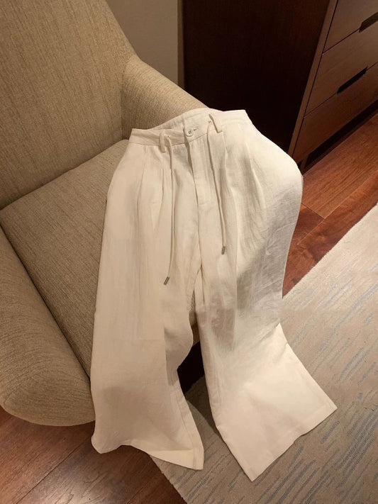 Linen cotton natural pleated texture trousers women's spring and summer new minimalist advanced wide-leg pants