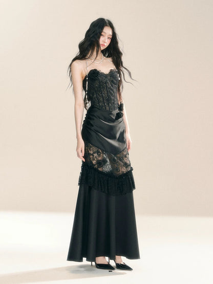 Shaoye has cold eyes, black swan, high-end French lace royal sister dress, women's autumn and winter one-shoulder suspender dress