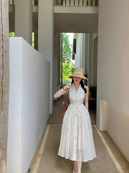 Wang Hanyan, Breeze Jasmine, 100% Ramie French Retro Style White Moonlight Collared Sleeveless Shirt Dress