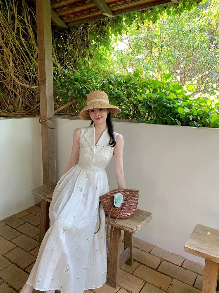 Wang Hanyan, Breeze Jasmine, 100% Ramie French Retro Style White Moonlight Collared Sleeveless Shirt Dress