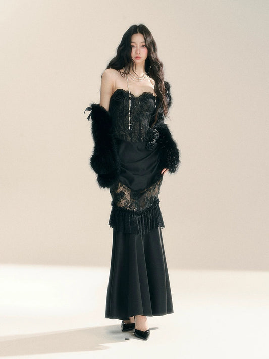 Shaoye has cold eyes, black swan, high-end French lace royal sister dress, women's autumn and winter one-shoulder suspender dress