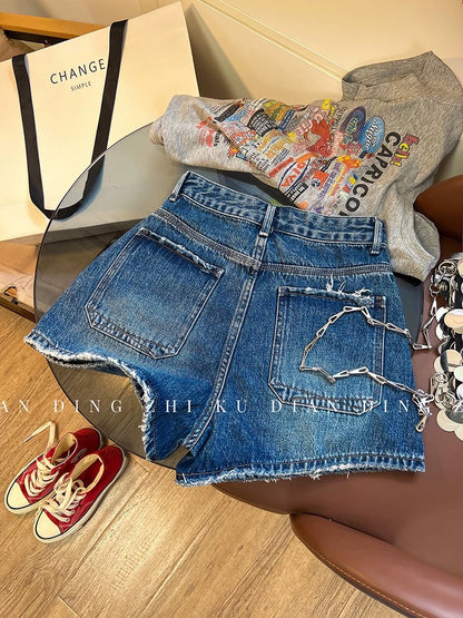 High-end color! Women's distressed denim shorts, 2026 summer Korean style, high-waisted A-line, slimming wide-leg hot pants, stylish and chic.