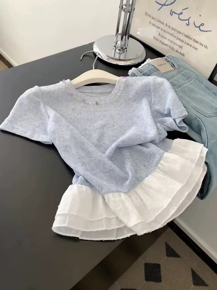Korean style contrast color lace fake two-piece knitted short-sleeved T-shirt for women in summer, design, niche and unique, slim fit tops