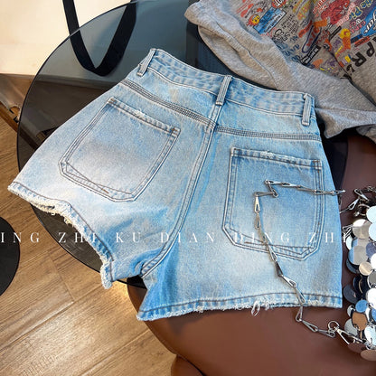 High-end color! Women's distressed denim shorts, 2026 summer Korean style, high-waisted A-line, slimming wide-leg hot pants, stylish and chic.
