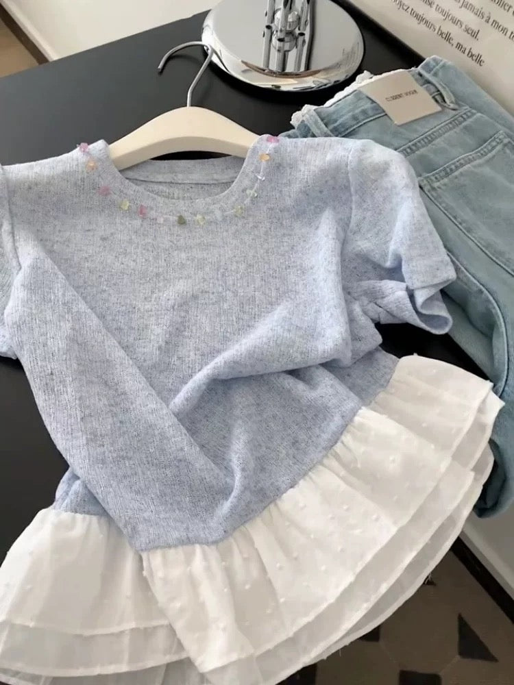 Korean style contrast color lace fake two-piece knitted short-sleeved T-shirt for women in summer, design, niche and unique, slim fit tops