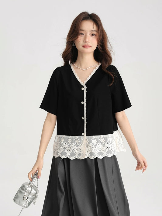 Love Rose Large Size Summer French T-shirt Short Sleeve Women's Design Niche Mesh Splicing Slightly Fat Right Shoulder V-Neck Top