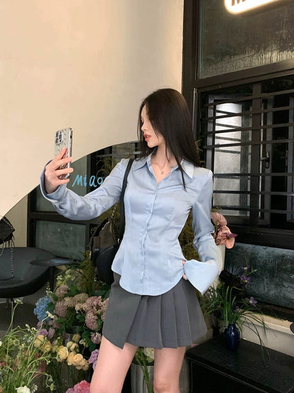 EUSKY IIWAN Light Blue Waist Vertical Striped Shirt Women's Pure Sexy Long Sleeve Waist Satin Slim Fit Shirt