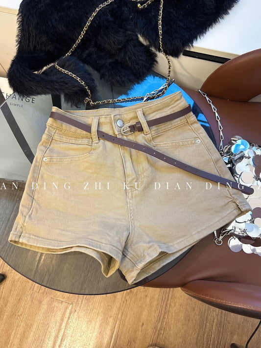 Stylish Khaki Denim Shorts for Women - Summer Retro Hot Girl High Waist Slim Fit A-line Hot Pants Trendy Korean Style
