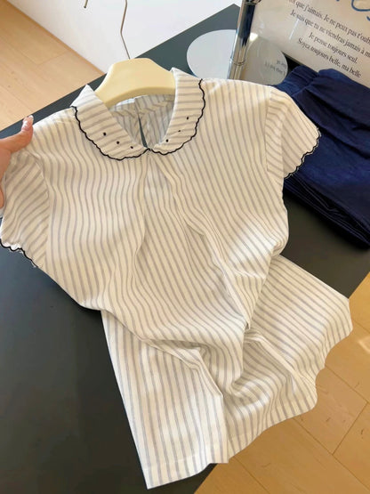 Korean style gentle style striped lapel small flying sleeve shirt women's summer design loose slim casual versatile tops