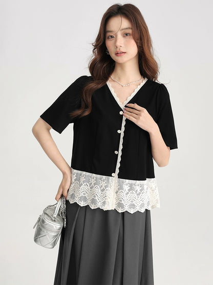 Love Rose Large Size Summer French T-shirt Short Sleeve Women's Design Niche Mesh Splicing Slightly Fat Right Shoulder V-Neck Top