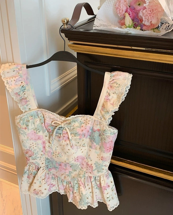 "Flower Sea Promise 2.0-Flower Language" Exquisite Girl Lotus Leaf Small Flying Sleeve Denim Printed Top Women