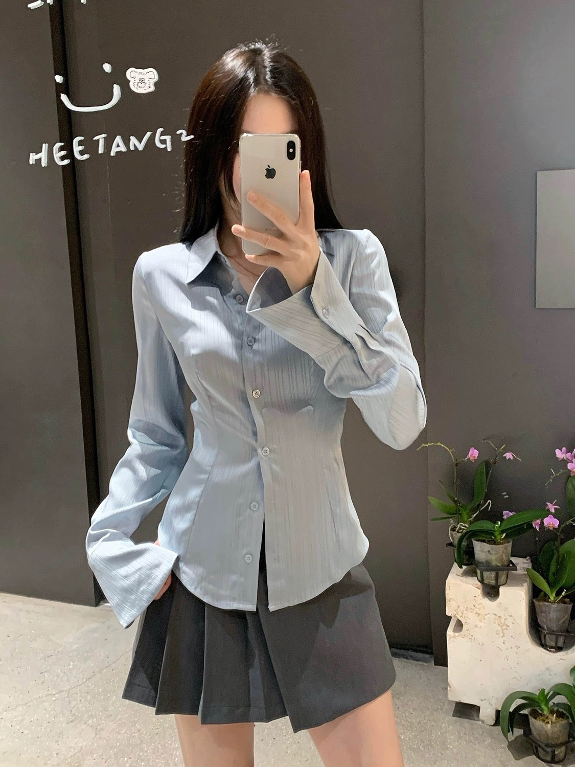 EUSKY IIWAN Light Blue Waist Vertical Striped Shirt Women's Pure Sexy Long Sleeve Waist Satin Slim Fit Shirt