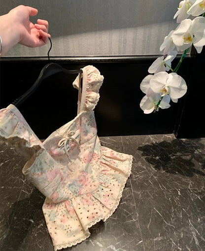 "Flower Sea Promise 2.0-Flower Language" Exquisite Girl Lotus Leaf Small Flying Sleeve Denim Printed Top Women