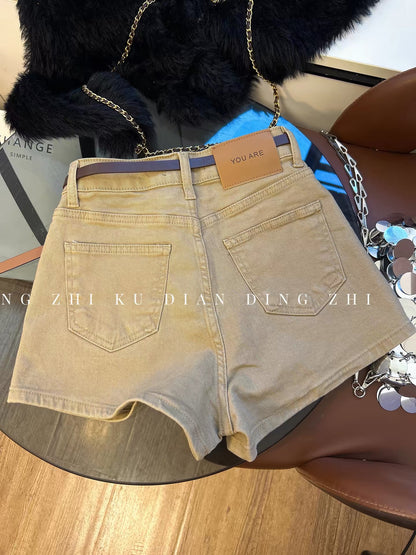 Stylish Khaki Denim Shorts for Women - Summer Retro Hot Girl High Waist Slim Fit A-line Hot Pants Trendy Korean Style