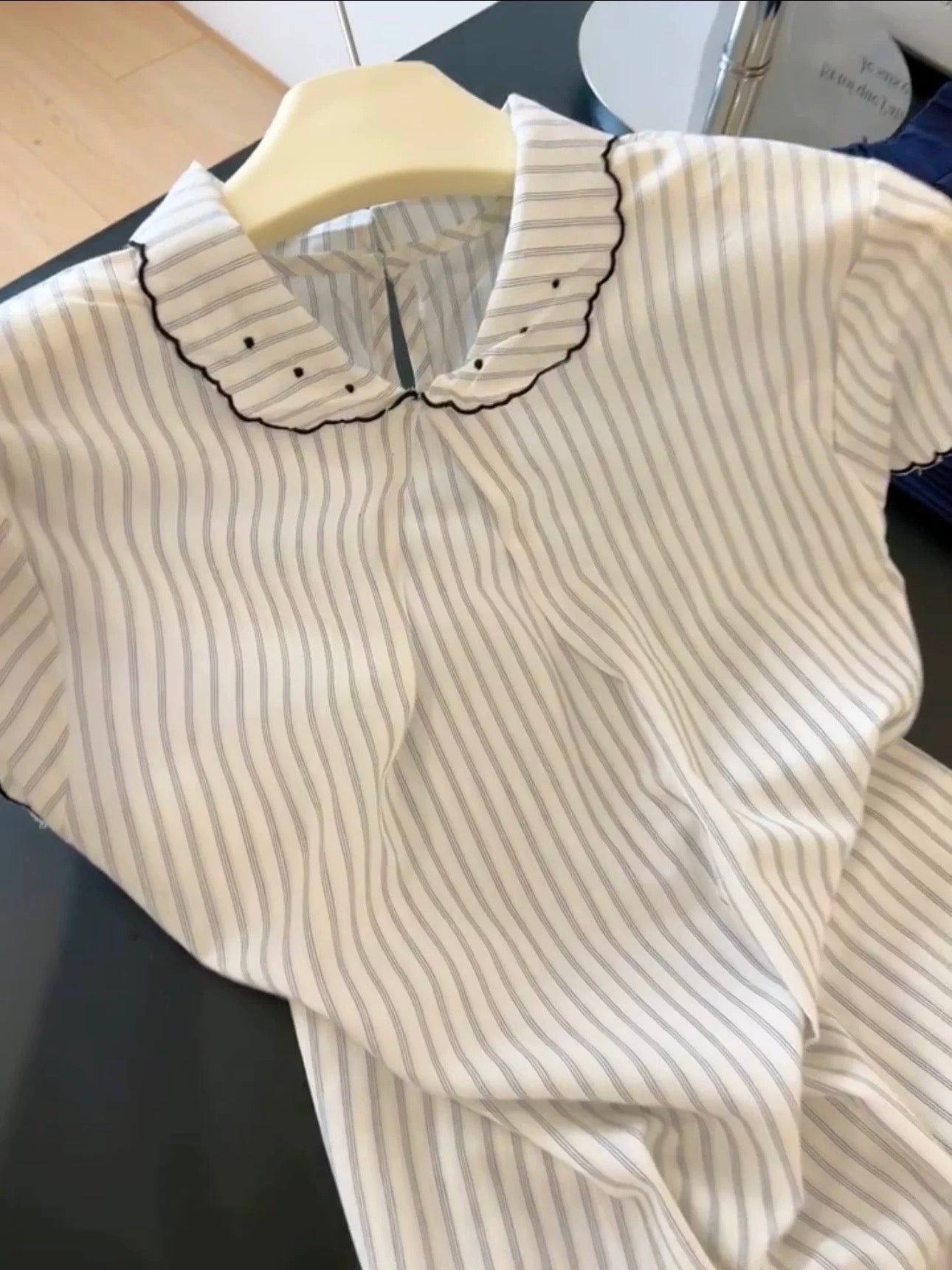 Korean style gentle style striped lapel small flying sleeve shirt women's summer design loose slim casual versatile tops