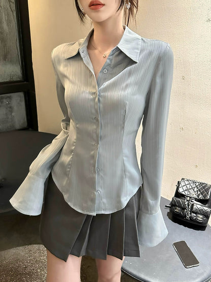 EUSKY IIWAN Light Blue Waist Vertical Striped Shirt Women's Pure Sexy Long Sleeve Waist Satin Slim Fit Shirt