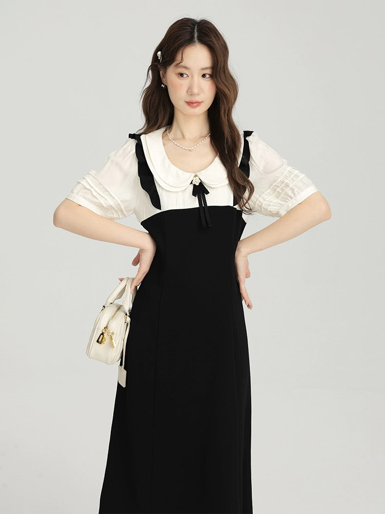 Aiqiangwei Xiaoxiang style doll collar short-sleeved women's fake two-piece dress summer a-line skirt plus size fat mm skirt