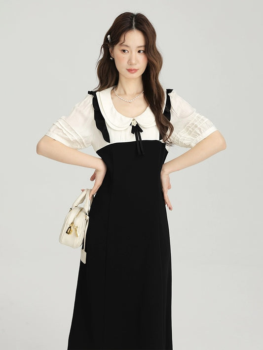 Aiqiangwei Xiaoxiang style doll collar short-sleeved women's fake two-piece dress summer a-line skirt plus size fat mm skirt