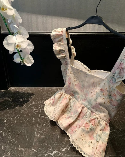 "Flower Sea Promise 2.0-Flower Language" Exquisite Girl Lotus Leaf Small Flying Sleeve Denim Printed Top Women