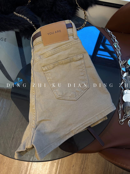 Stylish Khaki Denim Shorts for Women - Summer Retro Hot Girl High Waist Slim Fit A-line Hot Pants Trendy Korean Style