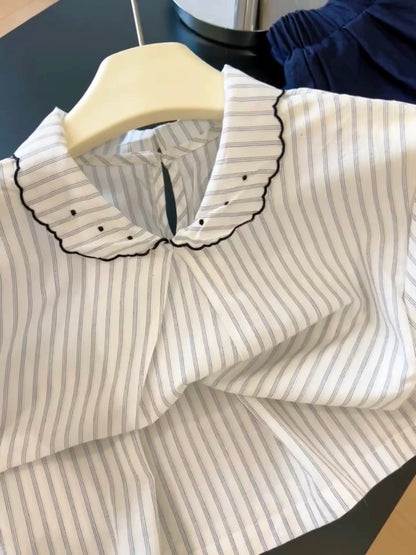 Korean style gentle style striped lapel small flying sleeve shirt women's summer design loose slim casual versatile tops