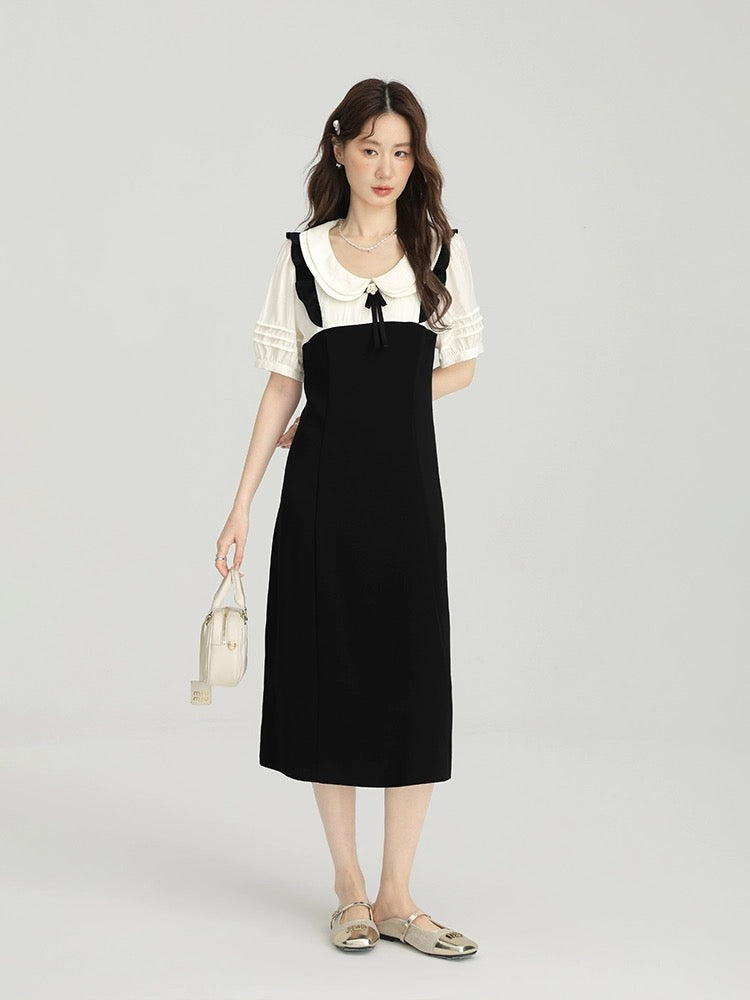 Aiqiangwei Xiaoxiang style doll collar short-sleeved women's fake two-piece dress summer a-line skirt plus size fat mm skirt