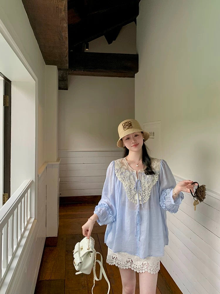 Wang Hanyan's Daisy Style 100% Ramie Heavy-Duty Patchwork Water-Soluble Lace Collar Lace Shirt Top for Women, Summer